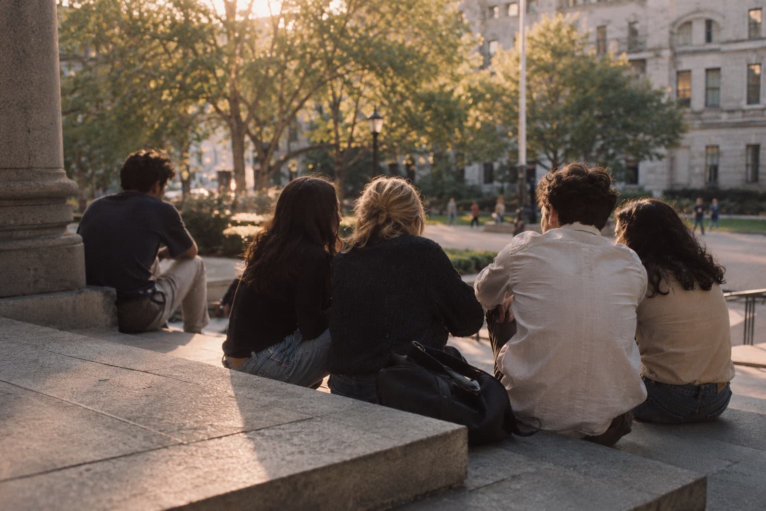 Five friends sitting together on stone steps in the late afternoon, all seen from behind. One of them sits a little apart from the rest.
