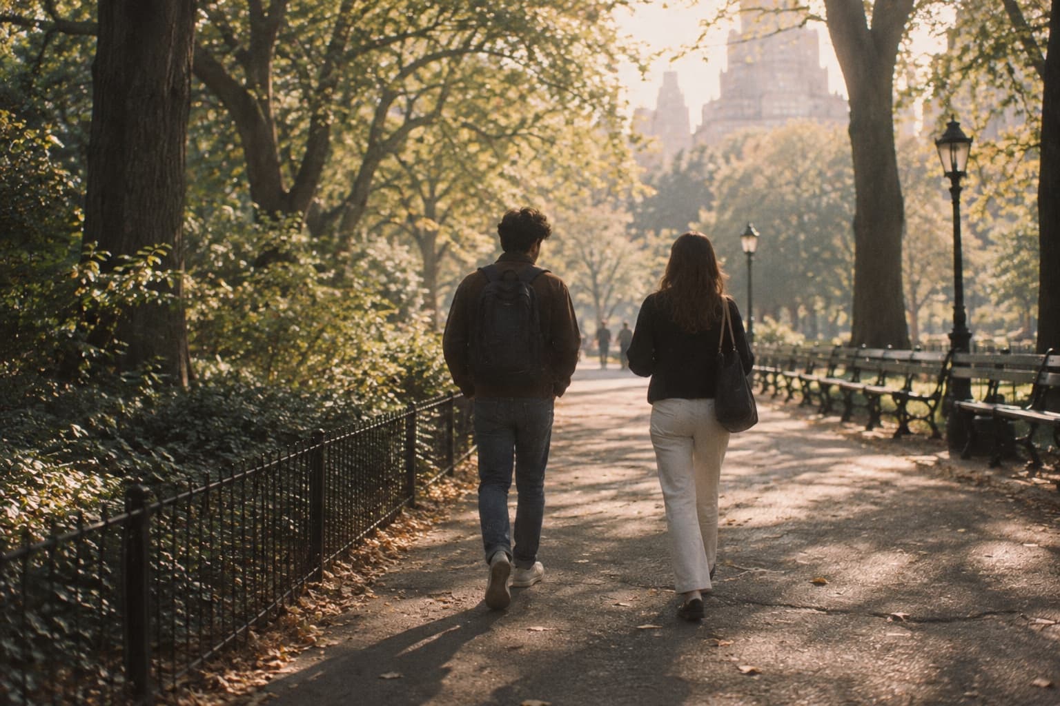 Two people walking away along a tree-lined path in soft morning light, a small space between them.