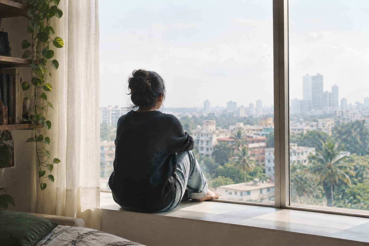 A young woman sitting alone on a wide window ledge, turned away, looking out over a city.